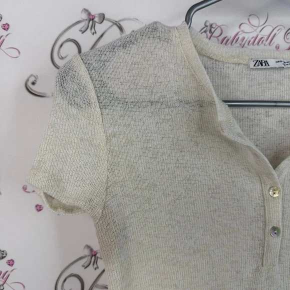 Zara T-shirt buttons knit cream white top shirt Beige Short Sleeve Top - Picture 11 of 11